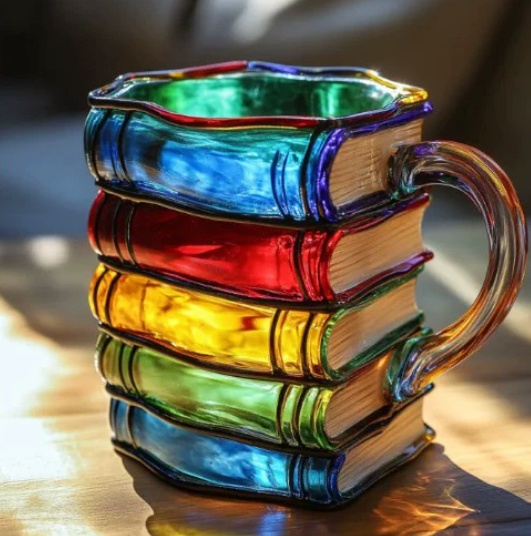 Artisan barvita skodelica z motivom knjig